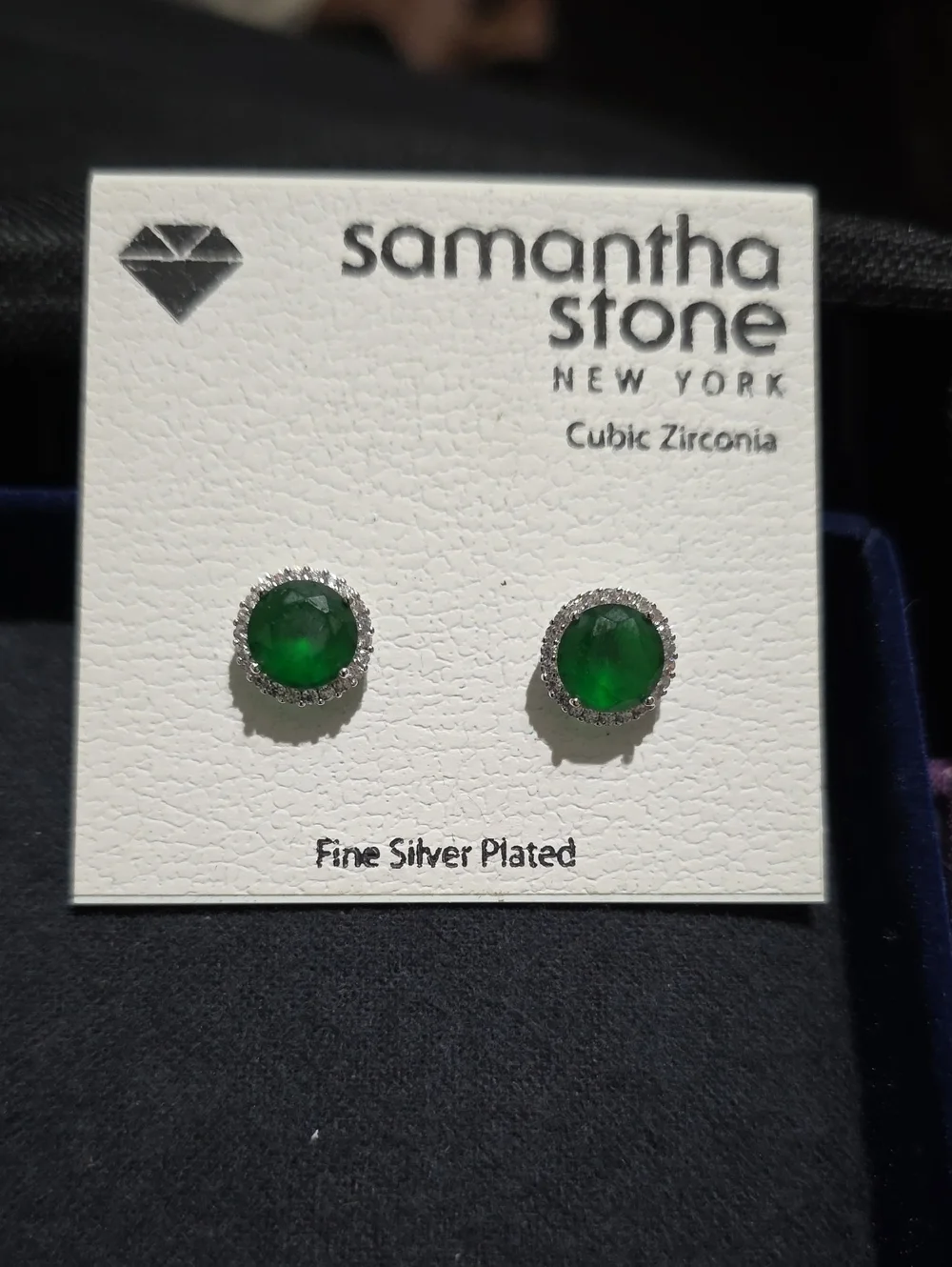 Green &  Clear Rhinestone Post/ Pierced Earrings Silver Plated Bling
